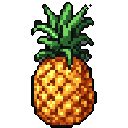 A vibrant pixel art pineapple, rendered in warm golden hues and lush greens, pops against a stark black background. The detailed texture and iconic shape of the fruit are beautifully captured in this simple yet decorative illustration.