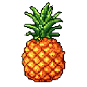 A vibrant pixel art image showcases a ripe pineapple, its textured rind and leafy crown rendered in warm, inviting colors. The simple, clean design evokes a sense of tropical sweetness and nostalgic charm.