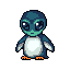 A cute yet slightly eerie pixel art penguin stands centered with wide eyes, rendered in cool-toned teals, white, and orange. Its blank expression and unusual color palette create a unique, unsettling charm.
