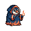 A pixel art penguin wizard, clad in a blue and orange robe and glasses, casts a spell with a burst of energy from its flipper. This charming character brings a touch of whimsical magic to the scene.