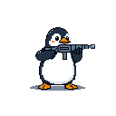 A pixelated penguin stands front and center, wielding an assault rifle with a surprisingly neutral expression. This unexpected combination creates a darkly humorous and slightly unsettling image.