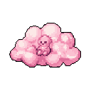 A small, melancholic pink character sits nestled in a voluminous pink cloud. The pixel art style evokes a sense of calm and nostalgia.
