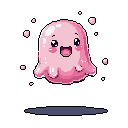 A cheerful, pink, blob-like creature with a wide grin floats playfully, surrounded by shimmering particles. This adorable pixel art character exudes a magical and endearing vibe.