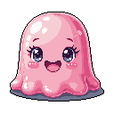 This pixel art features an incredibly cute, pink, blob-like creature with big, sparkling eyes and a wide, joyful grin. The glossy rendering and bright highlights emphasize its wet, jelly-like texture, creating an overwhelmingly cheerful and endearing character.