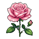 This pixel art image showcases a beautiful pink rose in full bloom, accompanied by a bud and leaves. The detailed rendering and soft color palette give the flower a classic and elegant feel against the stark black backdrop.
