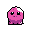This pixel art image features an adorable, blob-like creature with big, melancholic eyes, rendered in a vibrant pink and purple palette. The simple design and black background highlight the character's charming, slightly nostalgic appeal.