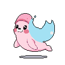 A cute, light pink seal-like creature with a pink cap and bright eyes floats in a simple pixel art style. The cheerful character features a light blue tail and a playful, innocent vibe.