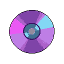 This pixel art image showcases a stylized CD with a segmented, colorful surface in shades of purple, blue, pink, and grey. The design evokes a sense of nostalgia for physical media with an abstract twist.