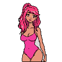 A pixel art portrait features a young woman with bright pink hair and a matching swimsuit, her neutral expression and retro style evoking a nostalgic video game character.