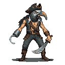 A menacing, avian-masked pirate stands ready, hook and cutlass gleaming, in this gritty pixel art portrait. The figure's weathered attire and dark color palette create an ominous and grotesque aesthetic.