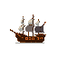 This pixel art image showcases a classic sailing galleon, its brown hull and billowing white sails evoking a sense of seafaring adventure. The simple, muted color palette adds a touch of vintage nostalgia.
