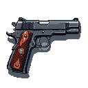 This pixel art image showcases a detailed, M1911-style pistol rendered in a realistic, muted palette. The weapon, presented in a state of readiness, evokes a sense of precision and utilitarian design.