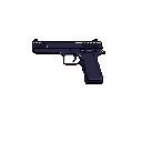 This pixel art image showcases a detailed, dark blue and purple handgun rendered in a classic, retro style. The semi-automatic pistol, complete with intricate design elements, is presented against a stark background, emphasizing its form and a serious tone.