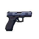 This pixel art image showcases a Glock-style handgun rendered in a realistic, muted palette of grays, blacks, and blues. The side profile view clearly displays the firearm's components against a stark black background.