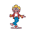 This pixel art showcases an energetic, grinning character with spiky yellow hair and oversized glasses, posed dynamically with a pointed finger. His vibrant red jacket and bright blue jeans pop against the black void, creating a quirky and memorable sprite.