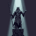 This pixel art statue depicts a stern, robed wizard or sage, staff in hand, caught in a moment of powerful spellcasting. Illuminated by a dramatic spotlight, the ancient figure exudes an aura of mystery and forgotten power within a dark, cavernous space.