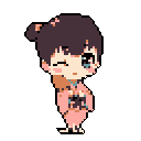 This pixel art depicts a sweet, chibi-style girl in a kimono, rendered with a limited, earthy palette. Her winking, teary-eyed expression evokes a gentle, melancholic charm.