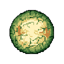 A textured, moss-covered sphere dominates the image, its cracked green surface revealing hints of a glowing inner core. The pixel art evokes a mysterious, natural object with a subtle, hidden energy.