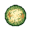 This pixel art features a textured, orb-like planet with mossy green vegetation, a bright yellow core, and mysterious orange-brown patches. The static, earthy-toned creation evokes a sense of wonder and unexplored miniature worlds.