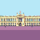 This pixel art image showcases a grand, symmetrical palace or public building rendered in a retro style, emphasizing its monumental architecture and historical dignity. The building's detailed facade and muted color palette evoke a sense of serene grandeur.