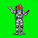 This pixel art image features a detailed astronaut in a spacesuit striking a quirky pose against a vibrant green background, holding a mysterious object and exuding a playful, retro vibe.