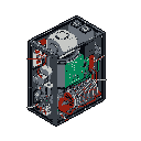 This pixel art showcases the intricate inner workings of a complex electronic device, revealing a maze of circuit boards, wires, and components. The isometric view and cutaway style offer a glimpse into the heart of this retro-futuristic machine.