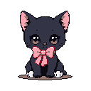 This pixel art image showcases an adorable, chibi-style cat sitting attentively with large, glistening eyes, conveying a sense of innocent charm. The simple color palette of greys, pinks, and browns highlights the cat's cuteness against a minimalist backdrop.