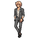 A stylish pixel art character, dressed in a grey suit and holding a clutch, exudes casual confidence and urban sophistication. With rolled-up sleeves and a relaxed posture, the young man strikes a refined yet approachable pose.