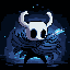 A pixel art depiction of The Knight from *Hollow Knight* stands stoically, its iconic white mask and horns contrasting against a dark, cavernous background. The cool color palette and simple design evoke a sense of mystery and quiet determination.