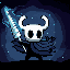 This pixel art captures the stoic Knight from *Hollow Knight*, wielding its glowing Nail in a mysterious, starlit environment. The hero's iconic mask and dynamic pose hint at a quiet power ready to be unleashed.