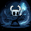 Pixel art depicts The Knight from Hollow Knight, poised for action with a glowing magical arc, against an ethereal dark blue backdrop. The character's iconic insect-like head and sweeping cloak create a sense of quiet power and mysterious determination.