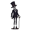A dapper skeleton in a suit and top hat strikes a sophisticated pose against a stark black background. The elegant, macabre figure exudes a quiet, otherworldly charm.