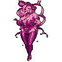 This pixel art depicts a playful, rabbit-eared woman in a form-fitting outfit, striking a dynamic pose. Rendered in striking shades of pink and purple against a black background, the character exudes a cute yet alluring energy.