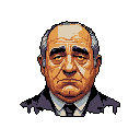 This pixel art portrait captures a somber, older man with striking detail, his furrowed brow and downturned mouth hinting at a life well-lived. The subject's serious expression and mature features are rendered with impressive nuance despite the limited pixel resolution.