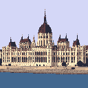This pixel art captures the majestic Hungarian Parliament Building with impressive detail, showcasing its ornate architecture. The image evokes a sense of serene grandeur, highlighting the landmark's symmetrical design and historical weight.