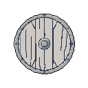 This pixel art depicts a rustic wooden shield, complete with a metallic boss and reinforced rim, rendered in a muted gray palette. Evoking a sense of medieval weaponry, the shield's design suggests both functionality and a hint of age.