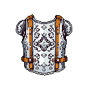 This pixel art showcases a meticulously crafted steel breastplate, adorned with intricate dark patterns and a central emblem. Warm leather straps with buckles add a touch of contrast and practicality to this ornate piece of armor. It evokes the feeling of a valuable item ready for adventure.