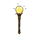 A mystical staff with a glowing orb stands alone, radiating power against a stark black backdrop. The pixel art design and warm color palette evoke a sense of wonder and arcane potential.
