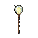 This pixel art depicts a magical staff with a dark wooden shaft and a radiant, glowing orb at its top, exuding an aura of contained power and fantasy. The striking contrast between the earthy staff and luminous orb creates a captivating focal point.