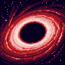 This pixel art captures the awe-inspiring power of a black hole, showcasing a swirling red accretion disk spiraling into an inky black void. The vibrant reds and deep blacks create a dramatic and mysterious depiction of this cosmic phenomenon.