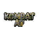 "KOMBAT AI" is displayed in a gritty pixel art logo, where distressed grey lettering with neon yellow-green accents suggests a retro-futuristic, battle-worn aesthetic. The "AI" incorporates a gear-like emblem, hinting at advanced technology.