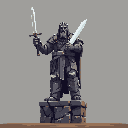 A pixel art king or knight stands triumphantly on a stone plinth, raising two swords in a display of power. The stoic figure, clad in detailed dark armor and crowned with regal authority, exudes a sense of ancient legend and imposing gravitas.
