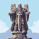 A pixel art image showcases a weathered stone statue of a regal warrior or king, distinguished by a long beard and ornate headwear. The figure stands guard over an upright sword plunged into its base, evoking a sense of ancient power and forgotten legends in a serene landscape.