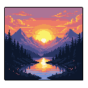 A radiant sun dominates this pixel art landscape, flanked by majestic mountains and reflected in a tranquil lake. The vibrant, warm colors of the sky create an awe-inspiring scene of natural beauty. It evokes a feeling of tranquility and nostalgia, reminiscent of classic video game vistas.