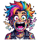 This vibrant pixel art portrait captures a young, energetic character with rainbow spiky hair, expressing wild surprise or excitement. Colorful "tattoos" and radiating lightning bolts amplify the chaotic and playful, punk-inspired aesthetic.