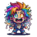 This pixel art features an energetic, chibi-style character bursting with color and excitement. The figure's vibrant, rainbow aesthetic and expressive features create a playful and rebellious vibe, enhanced by a chaotic aura of colorful pixel splashes.