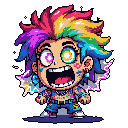 This vibrant pixel art features a chibi-style character bursting with energy, shouting with wild exuberance and adorned with rainbow hair and colorful details. Set against a stark black background, the figure's electrifying presence is amplified by scattered light effects, creating a chaotic yet cheerful vibe.