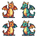 This pixel art showcases four adorable, stylized baby dragons in two color variations: warm orange and cool teal. Each dragon stands ready with friendly eyes and playful horns, suggesting they're ready for adventure!