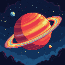 A vibrant, pixelated gas giant with stunning rings commands attention in this retro-inspired cosmic scene. The stylized planet, reminiscent of Saturn, is surrounded by colorful rings and smaller moons, evoking a sense of wonder and classic sci-fi.