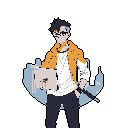 A confident, pixelated figure with a striking orange jacket and blue-streaked hair stands against a minimal cityscape backdrop, holding a laptop in one hand and what appears to be a sword or cane in the other. The character exudes a cool, modern vibe, hinting at a tech-savvy agent or urban explorer.